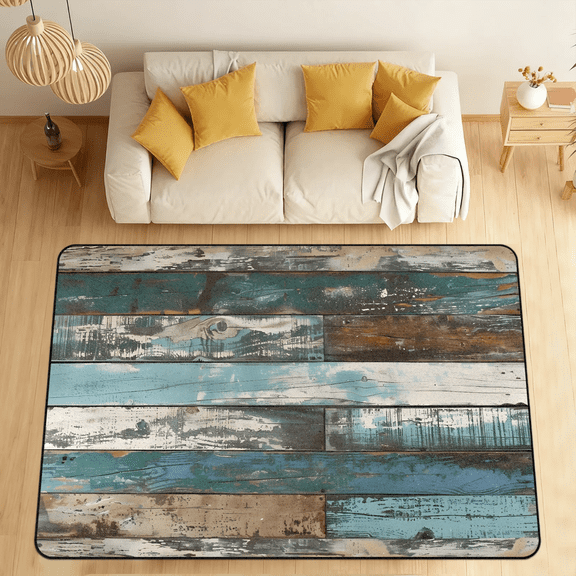 CURLYOOT Farmhouse Blue Wooden Area Rugs for Living Room Bedroom, 4' 10" x 6' 8" Washable Rug, Floor Carpet with Non Slip Backing for Dining Room Indoor