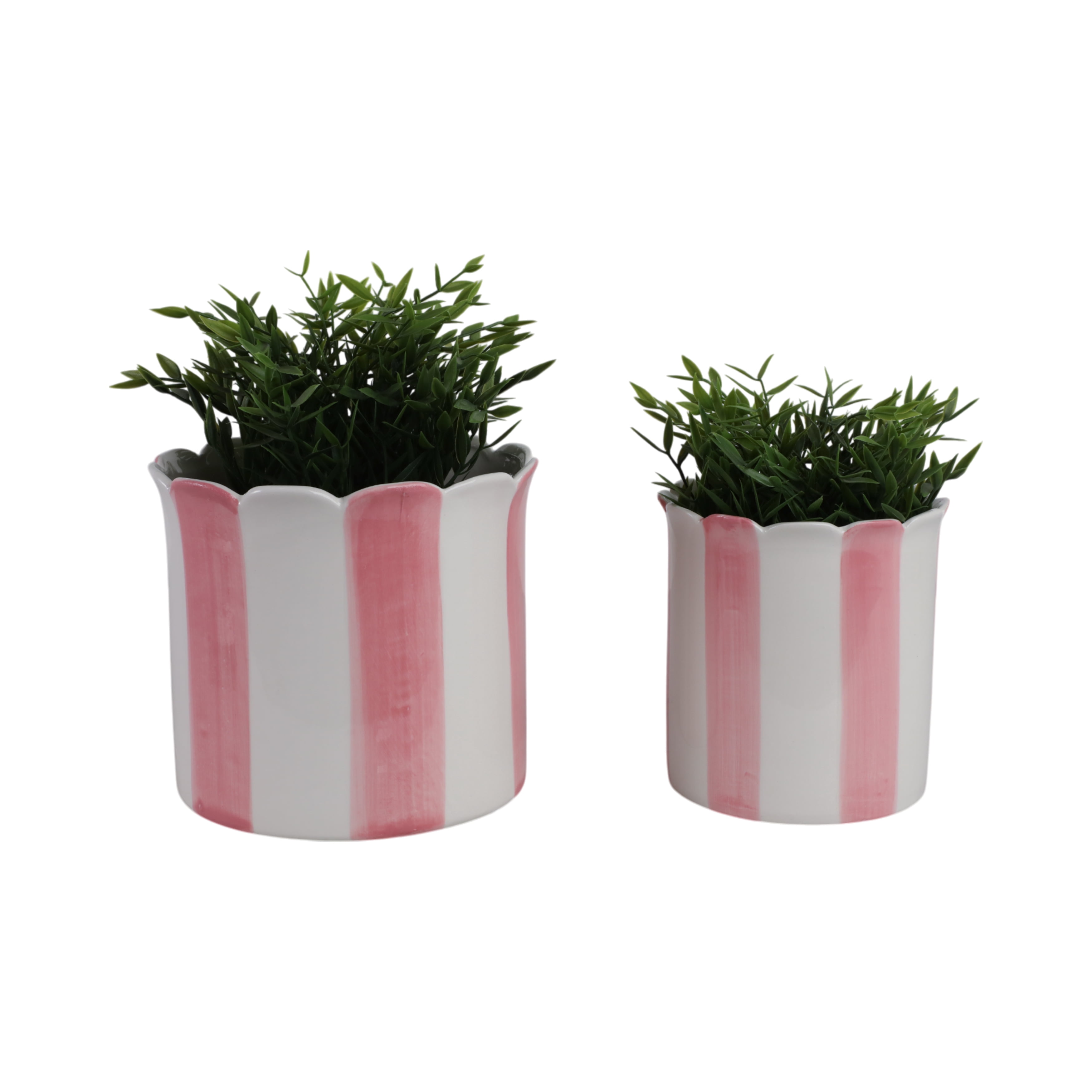 Ceramic Scalloped Striped Flower Pots for Home Decor - Decorative Planters for Indoor and Outdoor Plants - Plant Pots for Living Room and Garden Decor - Set of 2, 7", 6", Pink & White