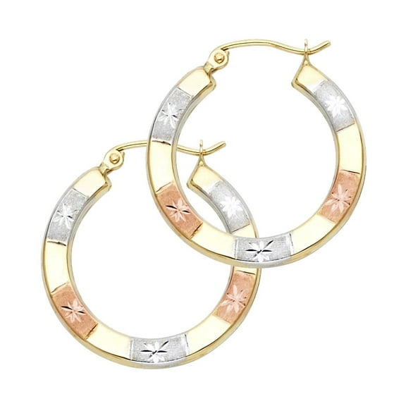 Ioka - 14K Tri Color Gold Diamond Cut Hoop Earrings
