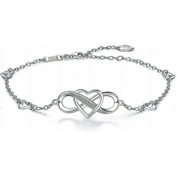 Tobilleras Para Mujer Tobillera De Plata De Ley 925 Para Mujer Pulsera De Tobillo Con Corazón Infinito Chapado En Oro Blanco Encanto De Amor Pulsera Grande Ajustable Gi