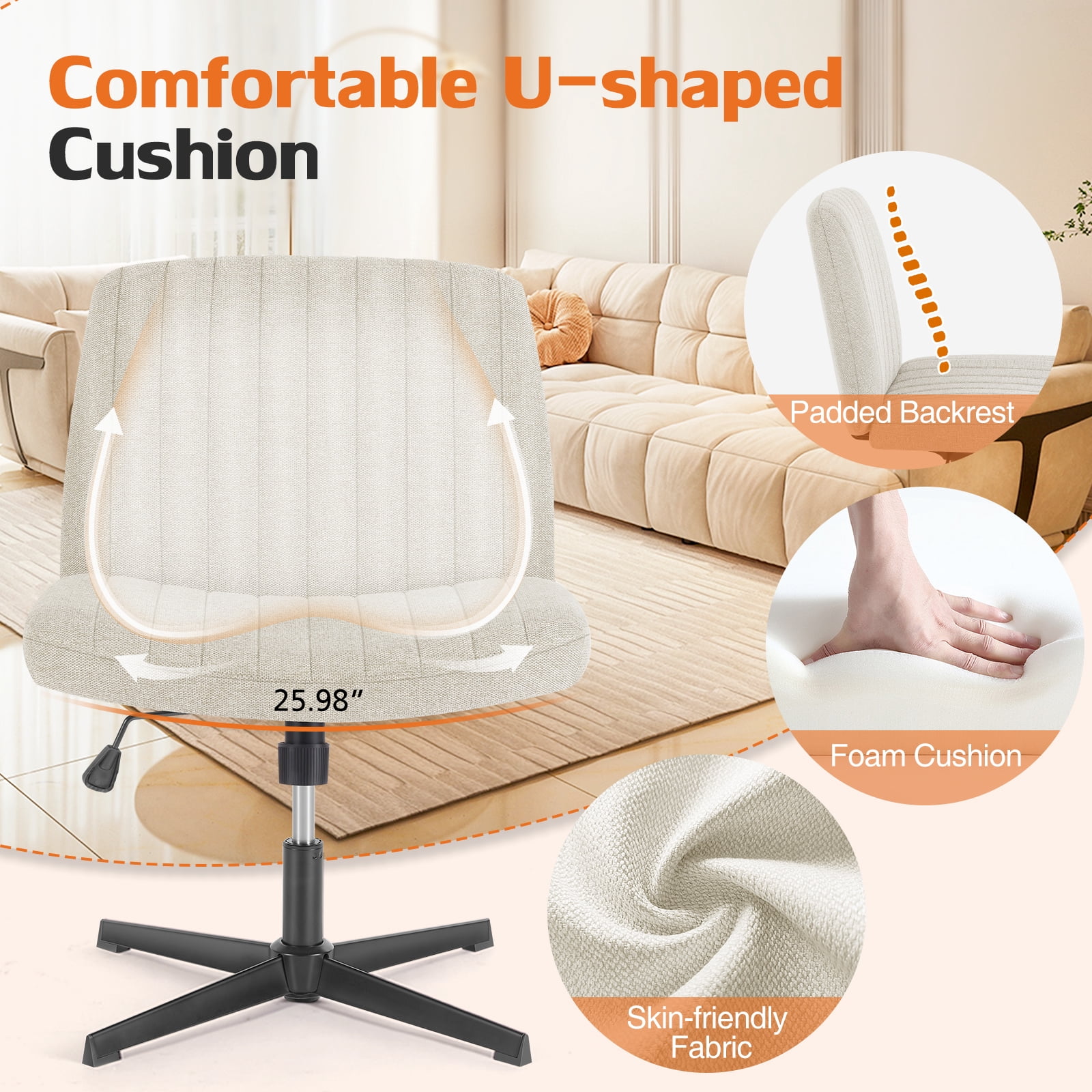 MAYEERTY Armless Criss Cross Chair Office Chair Vanity Chair for Bedroom Office, Beige