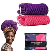 African Net Sponge Authentic - 2 Pieces Real African Exfoliating Loofah Sponge with Knots - African Net Wash Cloths for Body Scrubber Exfoliator Purple & Pink - Back Scrub for Shower Bath Accessories