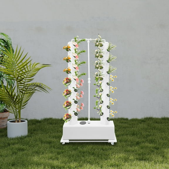 Hydroponic Grow Kit, 56-Site Vertical Tower with Timer & Wheels, 7.93Gal Tank, PVC Soilless System for Indoor/Outdoor Gardening