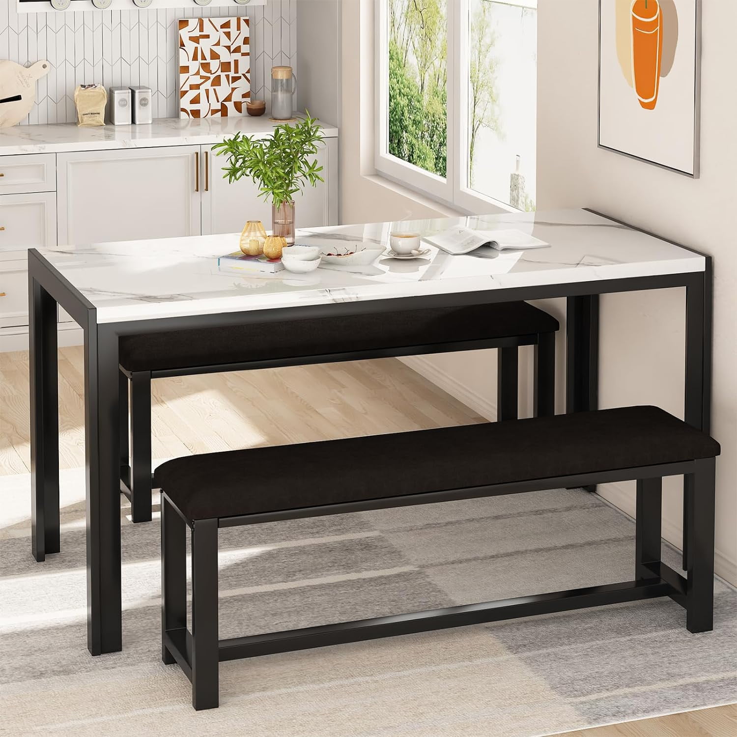 LTTROMAT Dining Table Set for 4, Faux Marble Kitchen Table Set with 2 PU Leather Benches, Breakfast Nook Set for Small Spaces, 3 Piece Farmhouse Dining Room Table Set, White