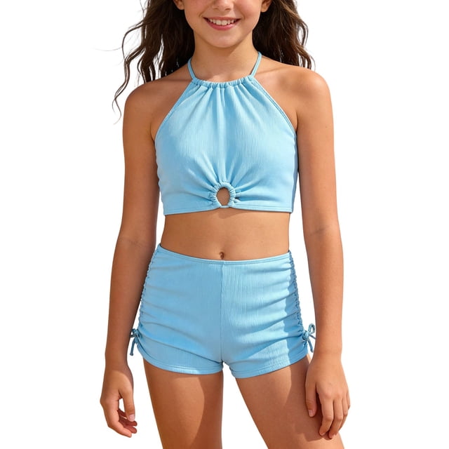 AWZXDE Two Piece Swimsuit For Girls Summer Solid Color Tankini Top And Swim Shorts Beachwear For Teen Youth 12-16Y