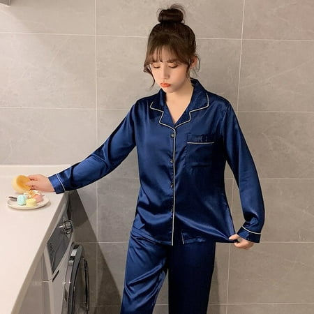 

QWZNDZGR Men Pajama Sets Silk Satin Solid Color Sleepwear Couple Long Button-Down Pyjamas Home Clothes Suits Pijama Women Loungewear Pjs