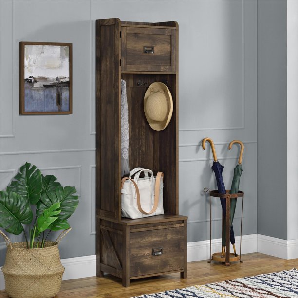 SystemBuild Farmington Entryway Hall Tree with Storage Bench, Rustic