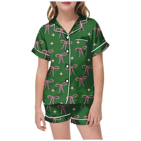 Girls Silk Pajamas Classic Satin Pajama Set for Kids Baby Girls Bow Print Short Sleeve Top with Elastic Waist Shorts Causal Soft Loungwear Pajamas Army Green 2 Years-3 Years