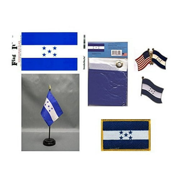 Honduras Heritage Flag Pack - Includes a Honduran 3x5' Flag, Vinyl Flag Decal, One Single & One Double Friendship Flag Lapel Pin, Miniature Desk Flag with Stand & One Iron-On Flag Patch