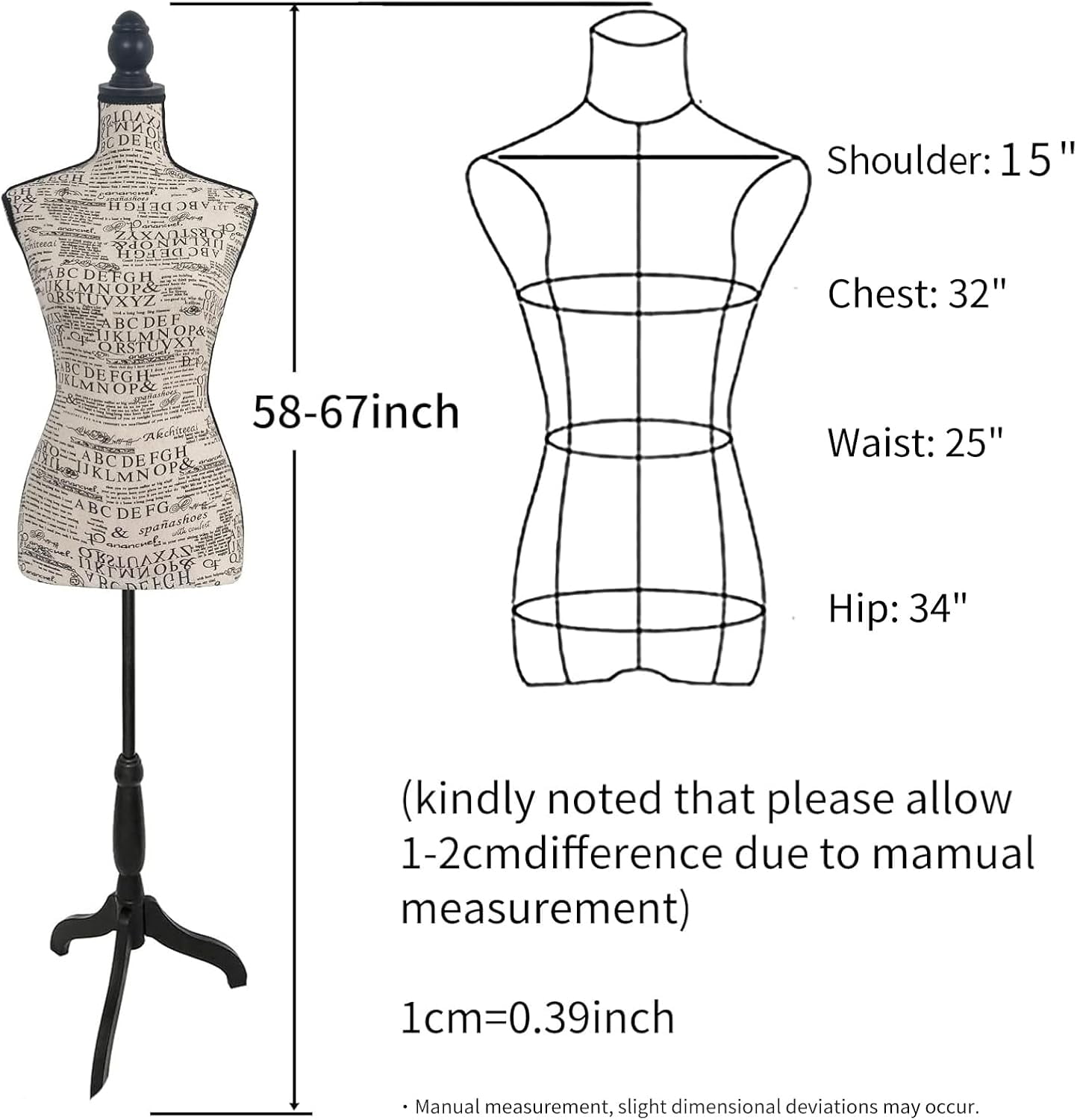 Female Mannequin Body, Dress Form Sewing Mannequin Torso with Adjustable Tripod Stand, Manikin Dressmakers Dress Jewelry Display(Fabric)