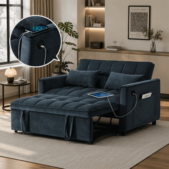 Gewnee 3-in-1 Convertible Sofa Bed and Loveseat Sleeper, Velvet Pull Out Couch with USB & Side Pockets,Black, Living Room & Apartment