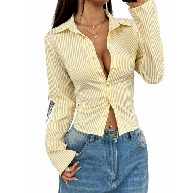 Camisa Corta A Rayas con Botones y Larga Ajustada para Mujer, Blusa de Trabajo Amarillo M