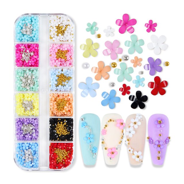 12 rejillas 3D de flores acrílicas para decoración de uñas, cuentas de acero mezcladas, gemas, abalorios de 5 pétalos, accesorios para uñas Kawaii