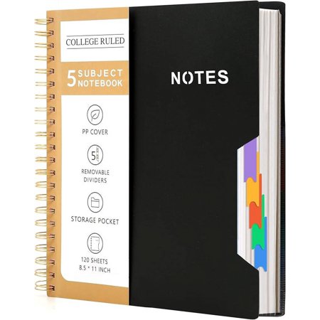 CAGIE 5 Subject Notebook College Ruled 8.5'' x 11'' Hardcover Spiral Lined Notebook with 5 Removable Colored Dividers 240 Pages Notebooks for Work, School Supplies, Home & Office, Writing Journal