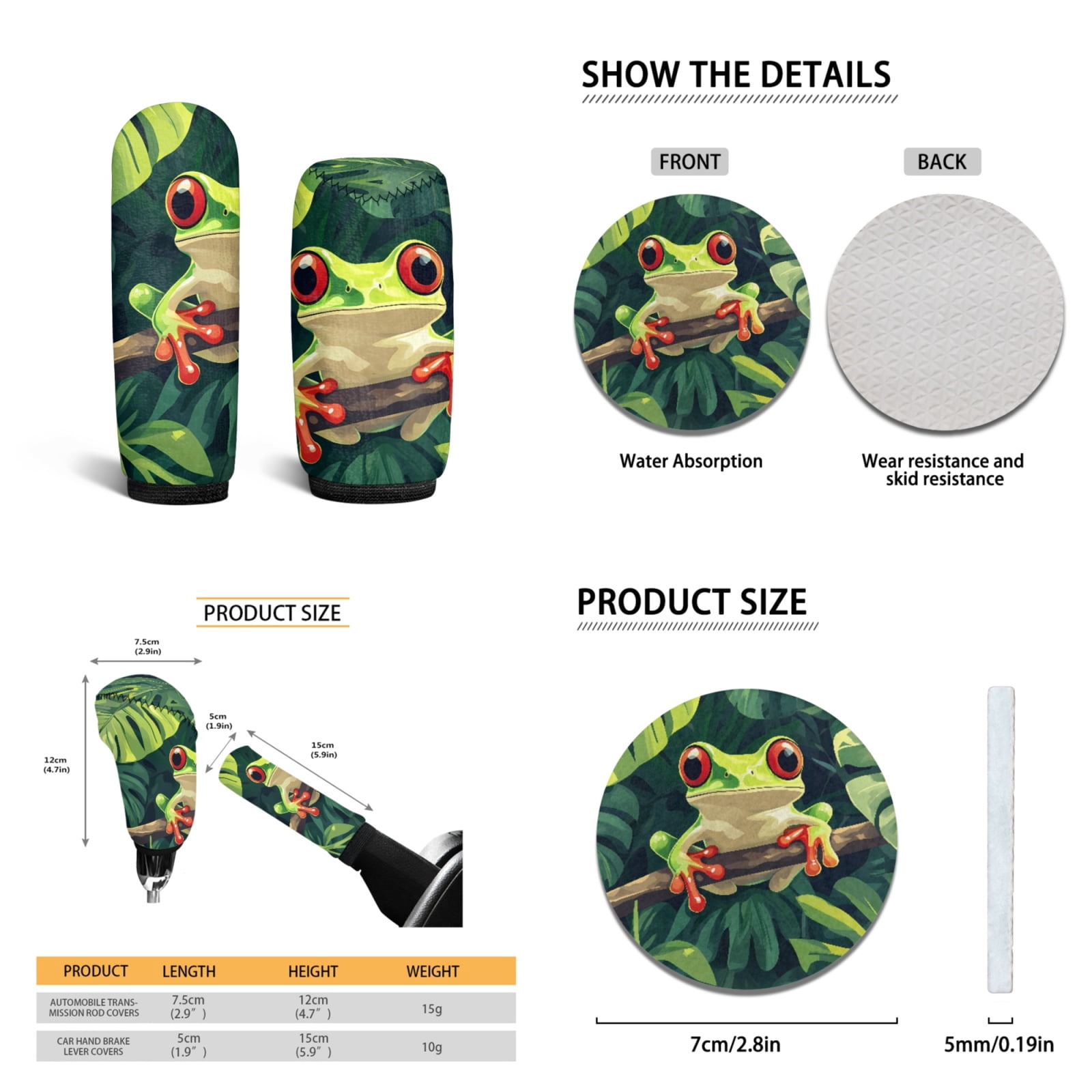 Yuyamidu Frog ar Seat Cover Full Set of 15 Palm Leaves Car Floor Mats Steering Wheel Cover Seat Belt Strap Pads Cup Coasters Gear Shift Knob Cover, Green