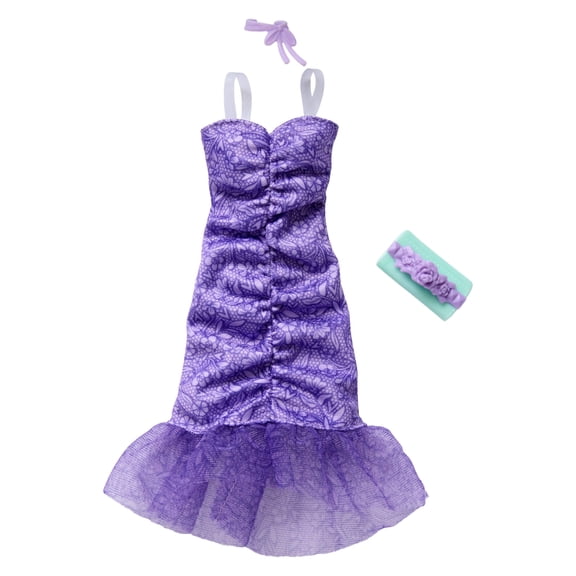 Barbie Style Complete Looks with Lavendar Lace-Printed Dress, Clutch, and Ribbon Choker