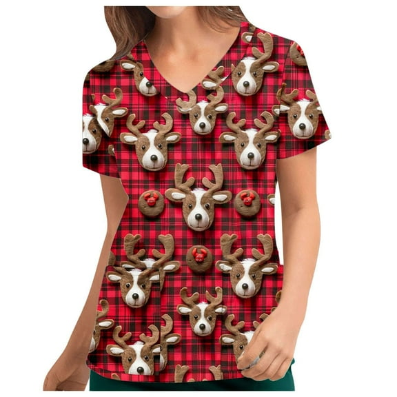 Xfvqtps Christmas Scrub Tops for Women Soft V-Neck Scrubs Comfortable Lightweight Nursing Uniforms Christmas Printed Short Sleeve Protective Top Working Uniforms with Pockets Multicolor