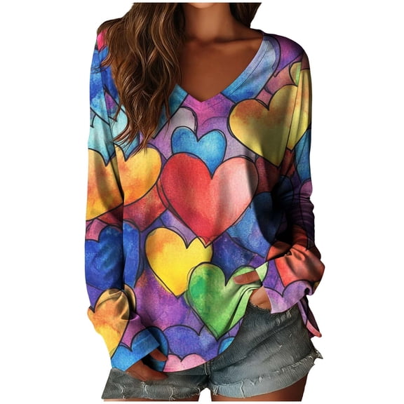 FDGIU Women's Valentine's Day Tunic Top - Long Sleeve V-Neck Loose Fit Tee Watercolor Cute Heart Print Spring Fashion