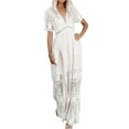 thumbnail image 2 of Idoravan Summer Dresses for Women Women's Bohemian Summer V-neck Lace Solid Color Soft Comfortable Long Dress, 2 of 9