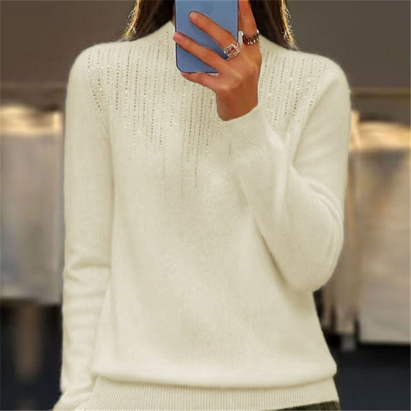 Womens Hoodies Sweatshirts, Fashion Pullover Women's Semi Turtleneck Sweater Long Sleeve Sequins Pullover with A Base Shirt Autumn And Winter Warm Sweater White