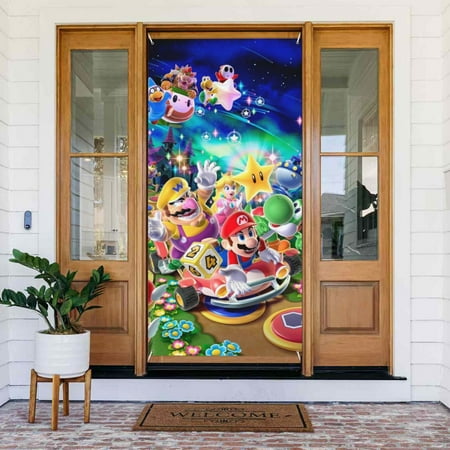 Super Mario Poster Door Cover Decorated Banner Tapestry Home Decoration Holiday Party Supplies Door Banner Porch Sign Banner 72.8 x 35.4 Inch