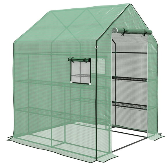 Outsunny Walk-in Greenhouse with 8 Shelves, Outdoor Green House, Green