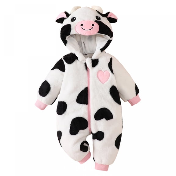 Cjfdfy Newborn Baby Animal Costume Warm Girls Boys Cute Cow Plush Hooded Romper Cosplay Jumpsuit For Halloween Holiday Outfit Baby Animal Costumes Unisex 1-9Months