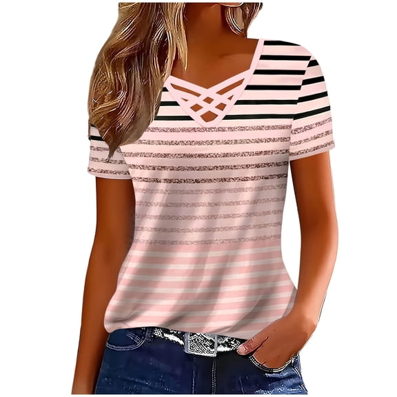 Karymi Going Out Tops for Women Striped Short Sleeve T‑Shirt, Crisscross Cutout V‑Neck Casual Tee Top, Hollow‑Out Neckline Casual Basic Top, Versatile for Daily Outings Going Out Tops