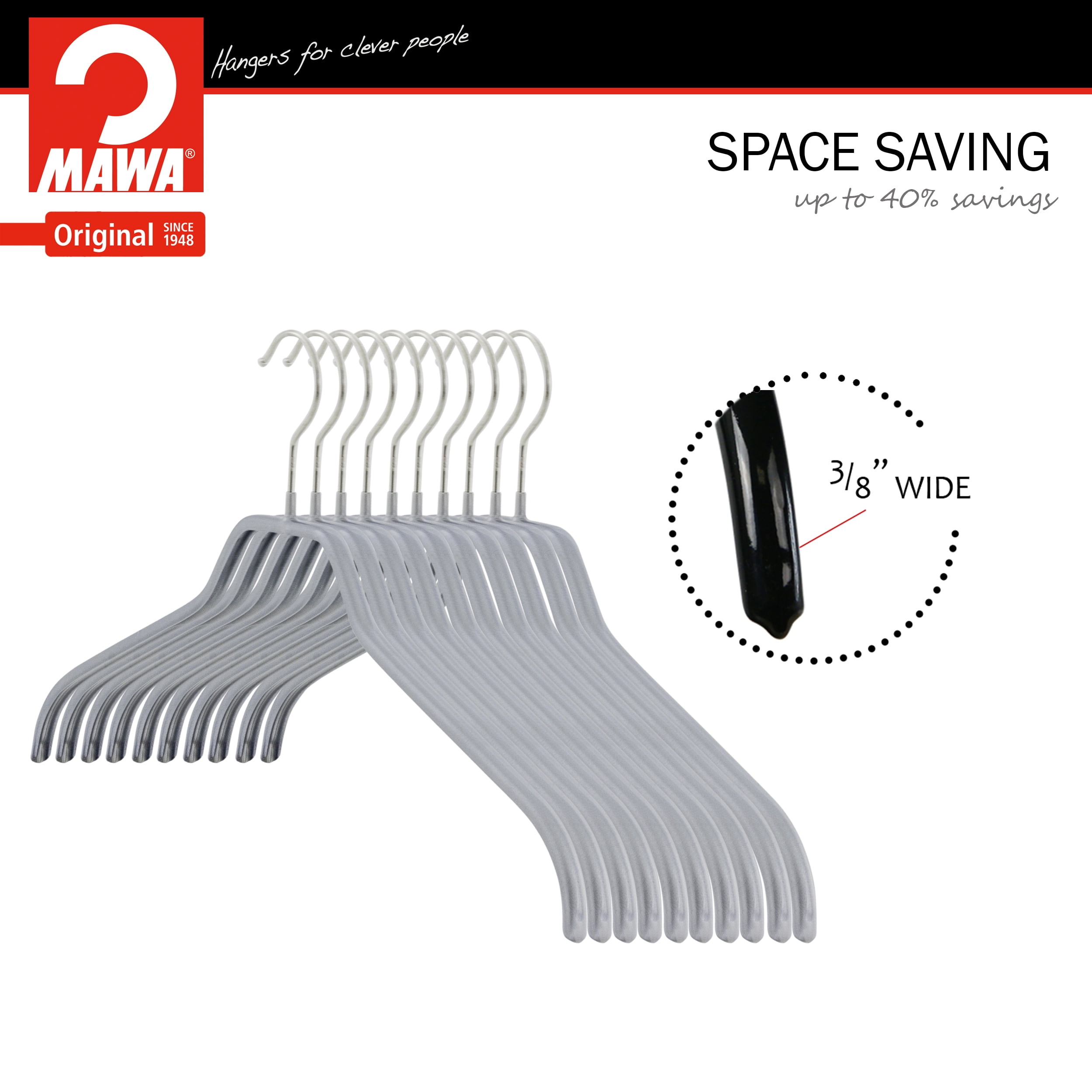 Mawa by Reston Lloyd Silhouette Series Non-Slip Space Saving Clothes Hanger for Shirts and Dresses, Style 41/F, Set of 12, Silver