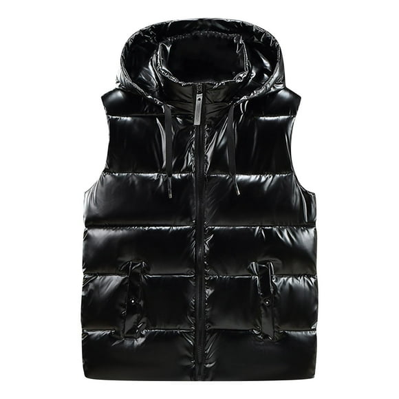 LNWUY (M-5XL) Big and Tall Mens Shiny Puffer Down Vest Waterproof Hooded Coat Sleeveless Puffy Jacket with Pockets Black XXL