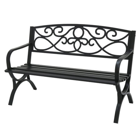 Abble Outdoor Steel Patio Bench, Cast Iron Scroll Back Garden Bench