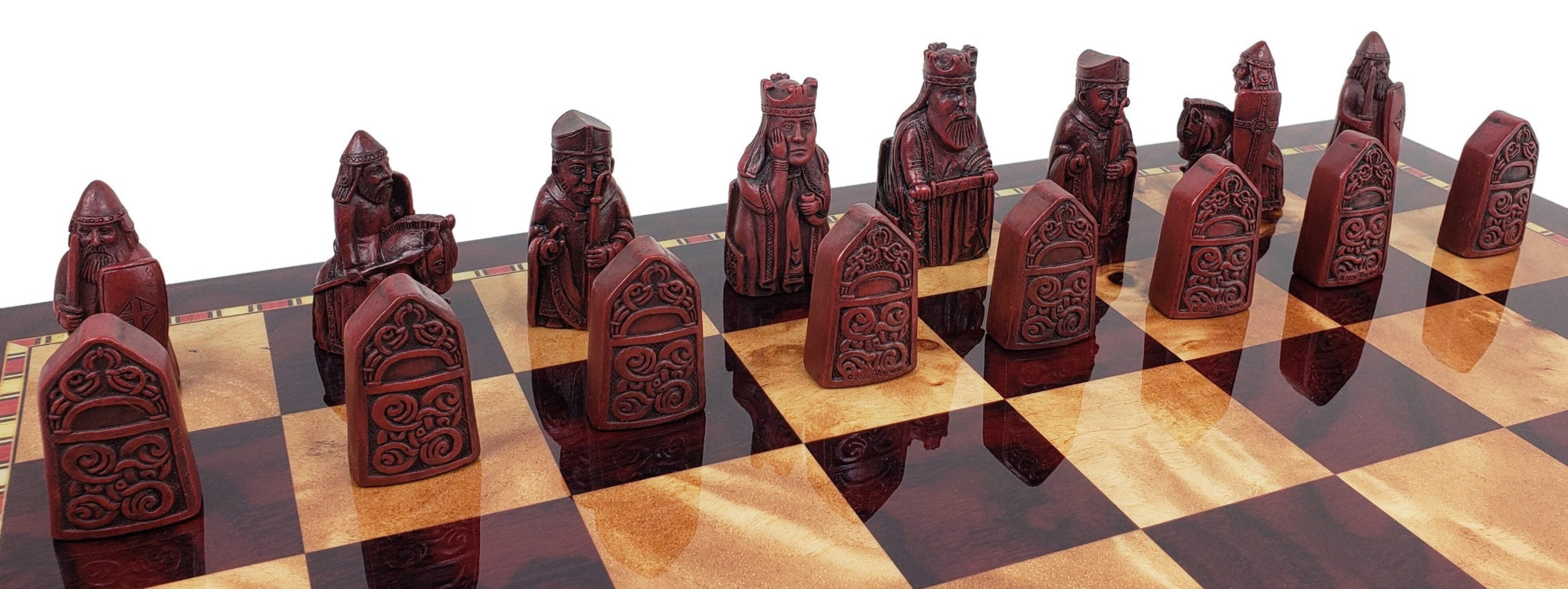 Antique White  Red Mini Isle of Lewis Chess Set With 18" Cherry Color Board