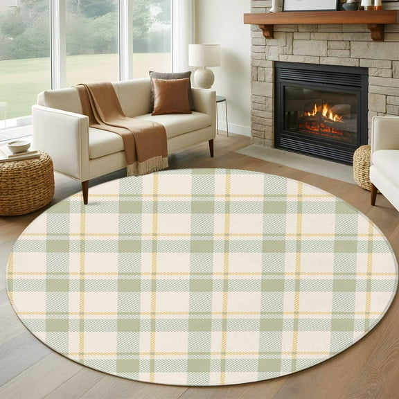 Farmhouse Grid, Round Area Rug 5 FT, Non Slip Bedroom Area Rug, Country Minimalistic Geometric Plaid Lattice Washable Soft Circular Carpet Floor Mat for Kitchen Dining Room Foyer Balcony Dorm