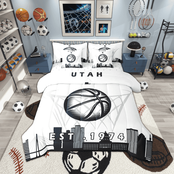 Erosebridal 7 Pcs Comforter Set Full Size,Basketball Bed in a Bag with Flat Sheet and Fitted Sheet and Adults,Sports Bedding Set with Pillowcase and Sham,Utah