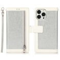 thumbnail image 7 of Wallet Case for iPhone 15 Pro Shining Zipper Pocket Card Holder Case, Glitter Sparkle Luxury PU Leather Magnetic Flip Kickstand Cover with Wrist Hand Strip Shockproof Case, Silver, 7 of 7