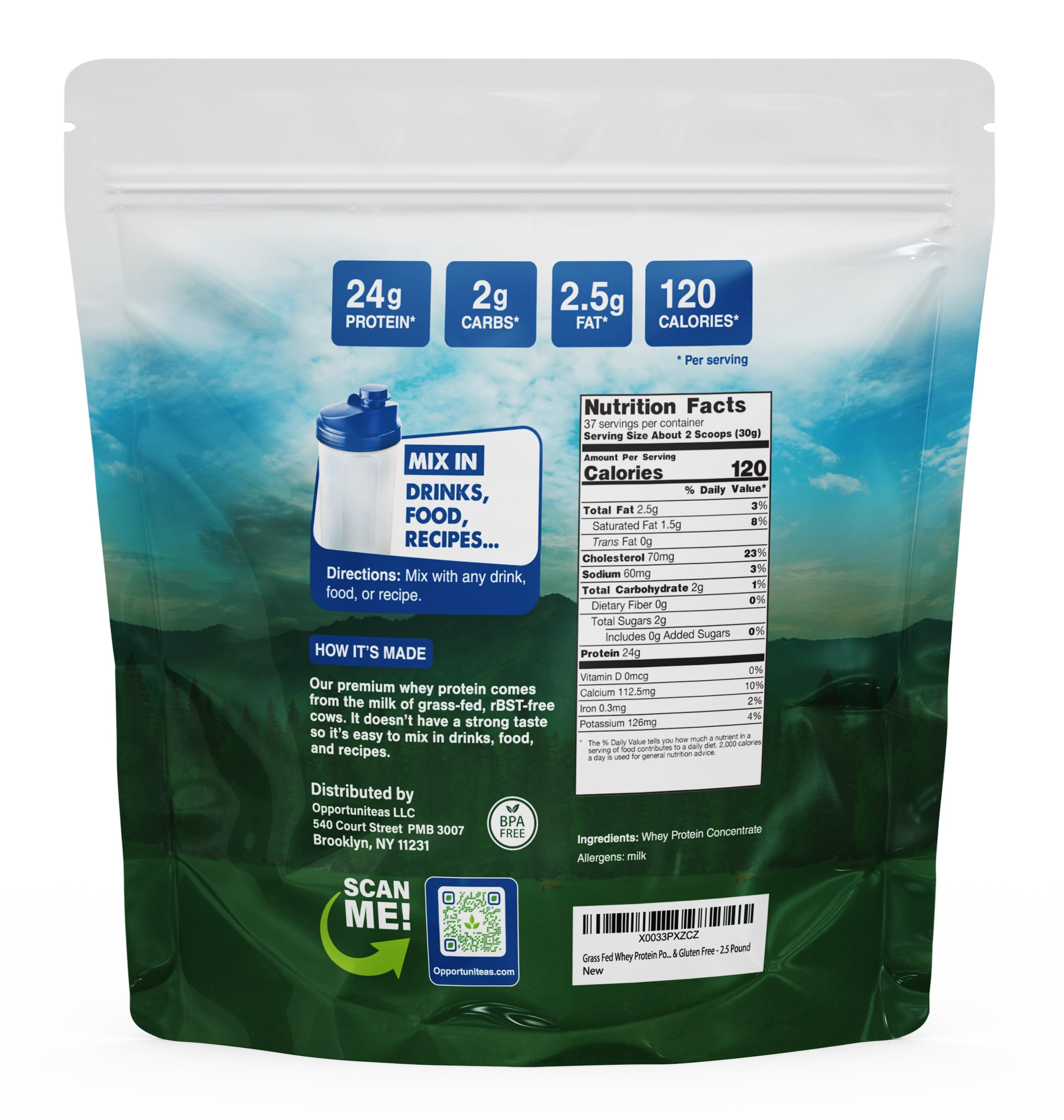Opportuniteas - Grass Fed Whey Protein Powder Concentrate, Unflavored, 1 Ingredient, 2.5lb