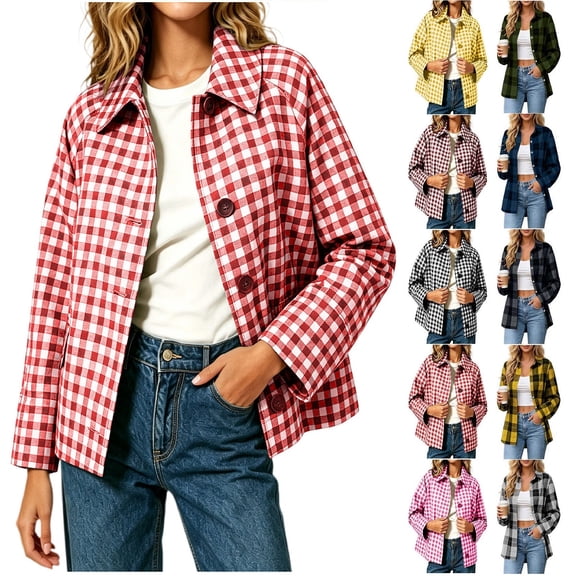 Akmaiox Womens Plaid Shirts Long Sleeve Button Down Lapel Lightweight Jacket Oversized Trendy Streetwear Fall Winter Coats S-2XL