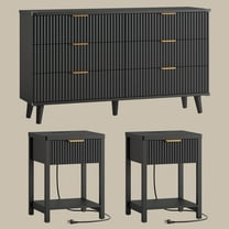 Laintene 3-Piece Boho Bedroom Set - 6-Drawer Dresser & 2 Nightstands with Drawer & USB Charging, Fluted Wooden Storage, Modern Dresser & Nightstand Combo, Black