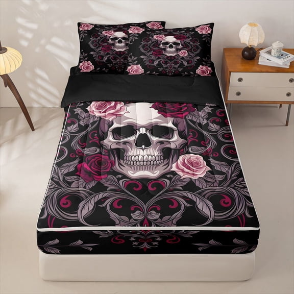 Homewish Gothic Sugar Skull Zipper Twin Comforter Sets with Fitted Sheet and 2 Pillowcases,Pink Red Damask Flowers Zipper Bedding Set,Halloween Bed Set,Black Reversible,4pcs