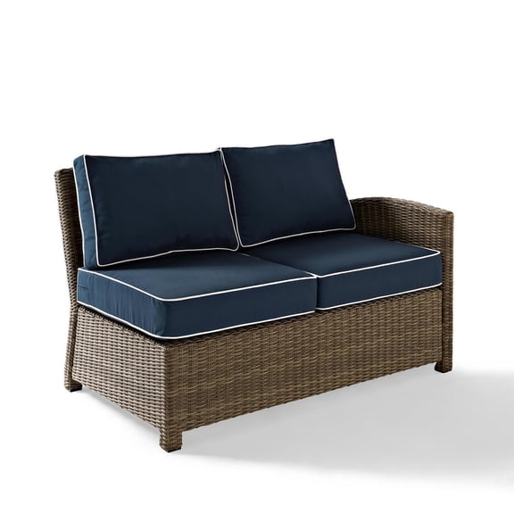 Outdoor Sectional Loveseat - Weather Resistant Patio Furniture - Navy Cushions & Brown Wicker