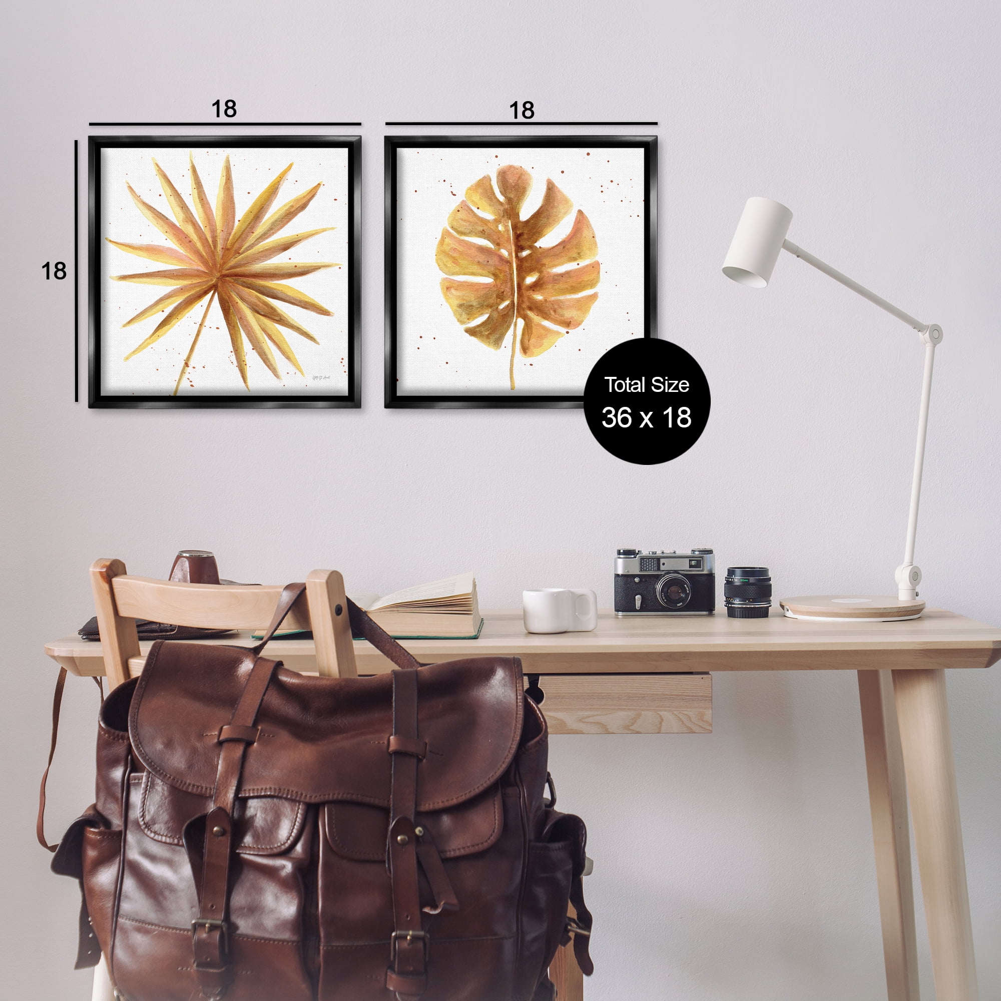 Stupell Industries Golden Palm Monstera Leaves Plants & Flowers Painting Black Floater Framed Canvas Art Print Wall Art, 18 x 18, Set of 2