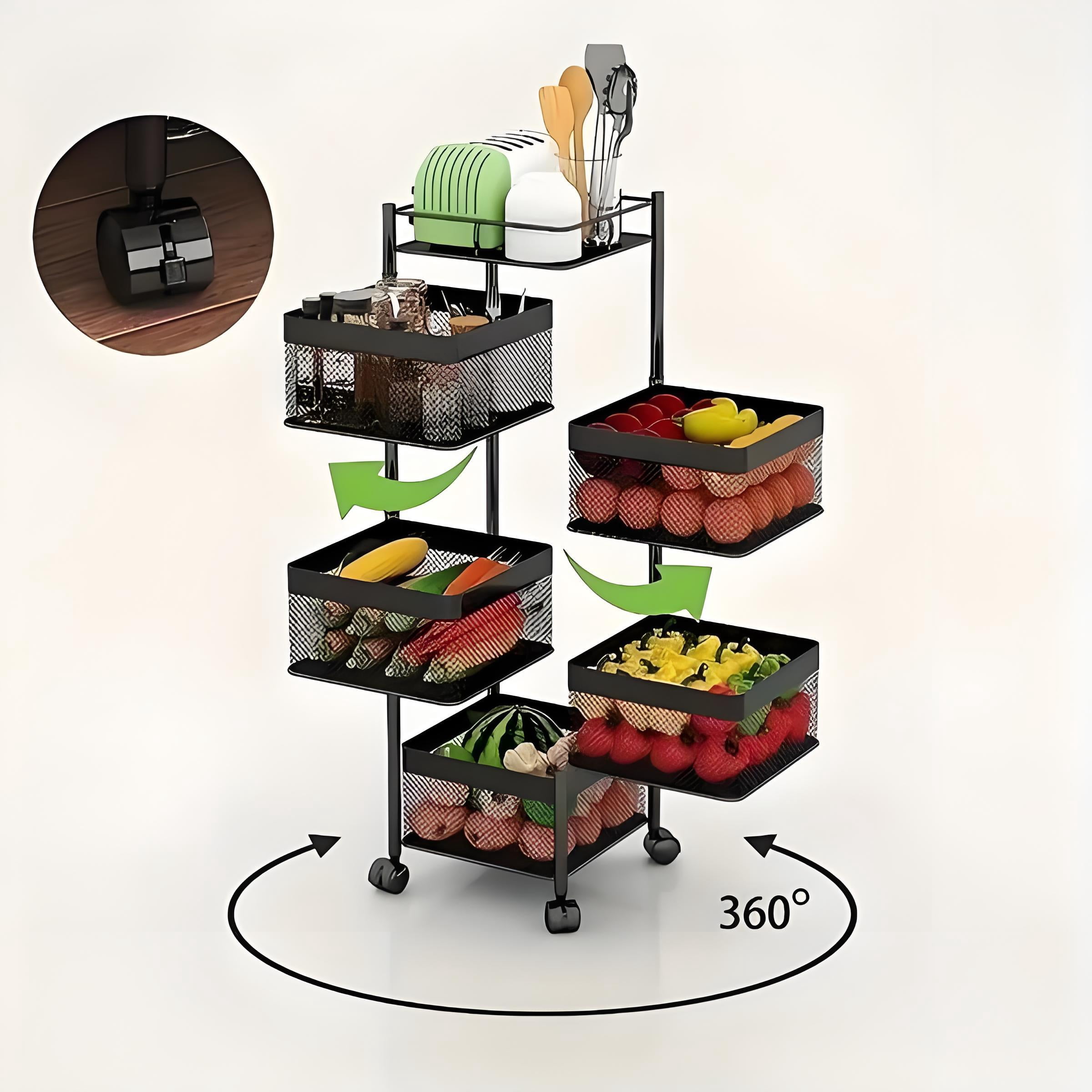 Howcool Square 5-Tier Rotating Kitchen Organizer, Heavy-Duty Metal Rolling Storage Cart with Wheels