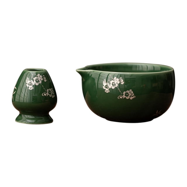 matcha bowl matcha tea juego de té de 500 ml utensilios de té japoneses utensilios hechos a mano y batidor con para la oficina de la sala de té Verde cuenco de cerámica esmaltada 500 ml con pico vertedor, vista 3/4 frontal; silueta redonda y base baja, acabado brillante verde con pequeños motivos florales blancos, incluye soporte para batidor de 6 x 7 cm, ideal para preparar matcha tradicional y también adecuado para presentar como regalo.