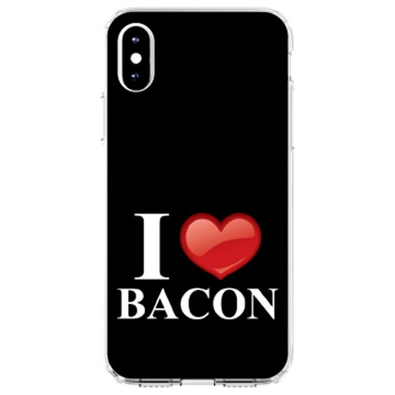 DistinctInk Clear Shockproof Hybrid Case for iPhone XS Max (6.5" Screen) - TPU Bumper, Acrylic Back, Tempered Glass Screen Protector - Black White Red I Heart Bacon - Show Your Love of Bacon