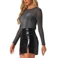 thumbnail image 4 of Camisetas brillantes INSPIRE CHIC para mujeres con panel de malla, cuello redondo, mangas largas y ajuste esbelto en gris plateado, 4 of 6