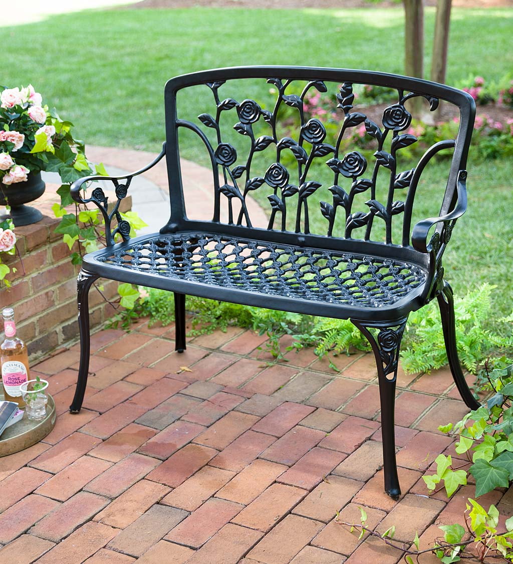 Climbing Roses Metal Outdoor Yard and Garden Bench Seat, 35.75" H, in