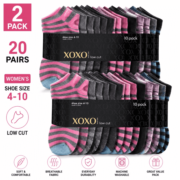 Women’s Low Cut Socks, 2 Pack, 20 Pairs Total, Shoe Size 4–10, Assorted Colors
