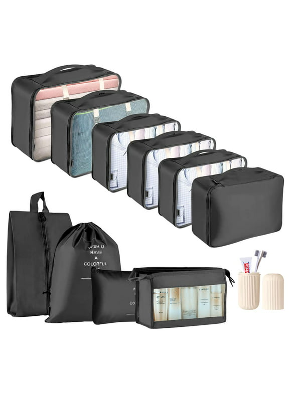 KOOVON Packing Cubes for Travel, 11 PCS Travel Cubes Set Foldable Suitcase Organizer Lightweight Luggage Storage Bag, Black
