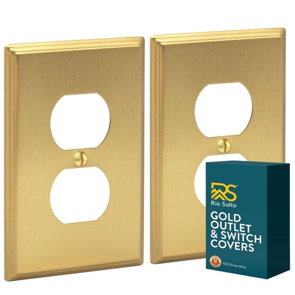 Rio Salto BRASS Deco Collection Midsize Gold Outlet Cover or Light Switch Cover Wall Plate Metal Single Duplex Receptacle Wallplate Covers 1 Gang Brushed Modern Linear 2-Pack, 1-Gang Duplex