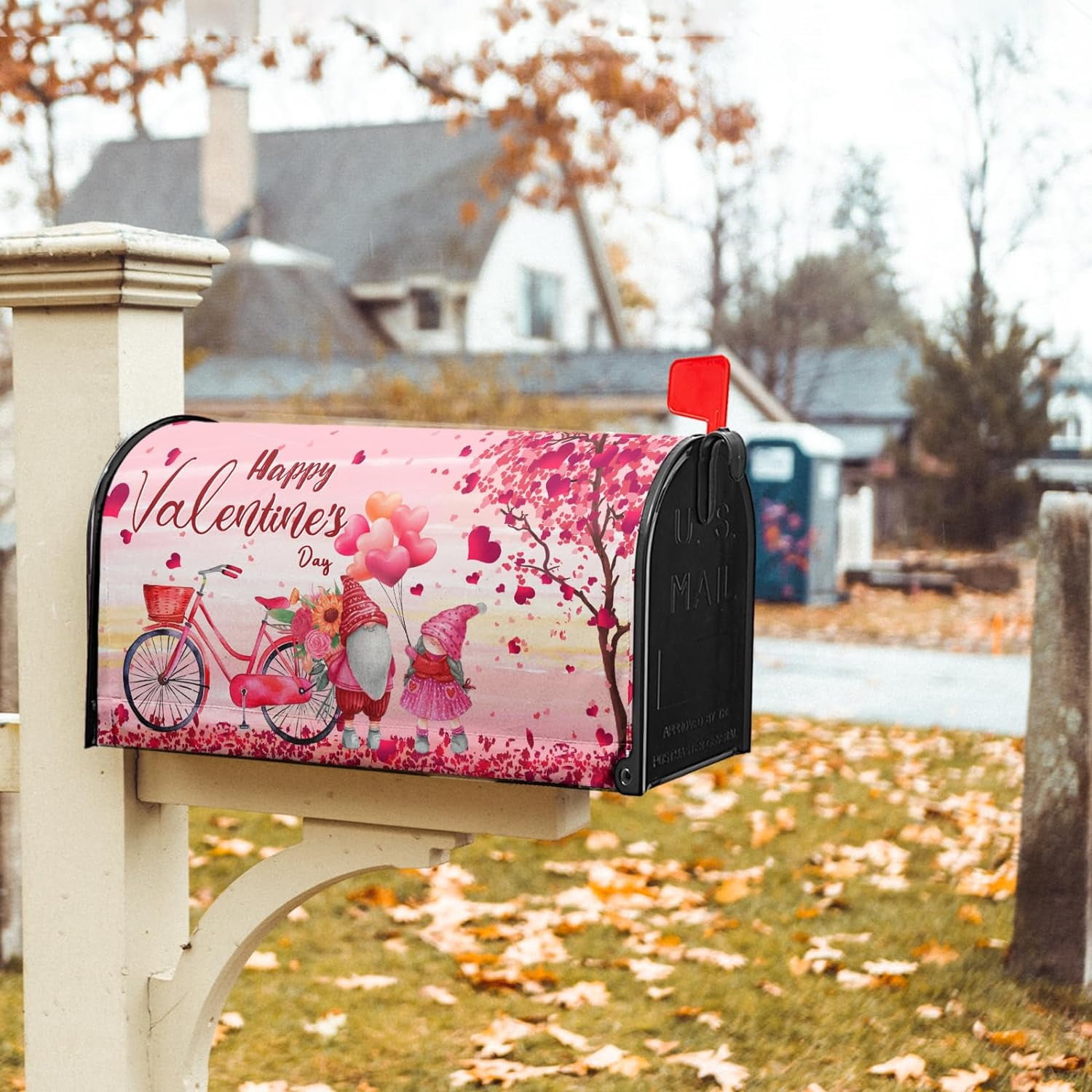 Happy Valentine's Day Love Mailbox Cover Magnetic Standard Size 25.5" X 21" Bicycle Red Heart Tree Mailbox Covers Ventine's Gnomes Decor Magnetic Mailbox Covers Post Letter Box Cover for Outdoor Decor